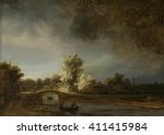 Landscape with a Stone Bridge, by Rembrandt van Rijn, 1638, Dutch painting, oil on panel. This is probably an imaginary storm scene, with a beam of sunlight contrasting to the approaching dark clouds