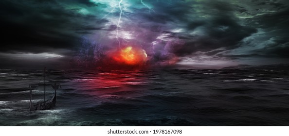 Landscape With Storm,fire And Viking Ship. 3D Illustration.