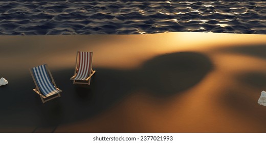 Landscape summer vacation holiday travel ocean sea beach background banner panorama - Wooden sun loungers, lounge chair and hammock on the sand, blue sky and sunset. 3d illustration - Powered by Shutterstock