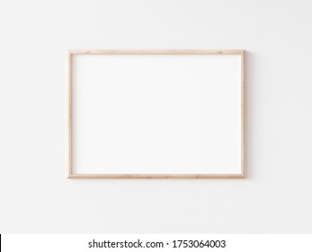 Landscape Thin Wooden Frame On White Wall. Horizontal Wooden Frame. 3d Illustration.