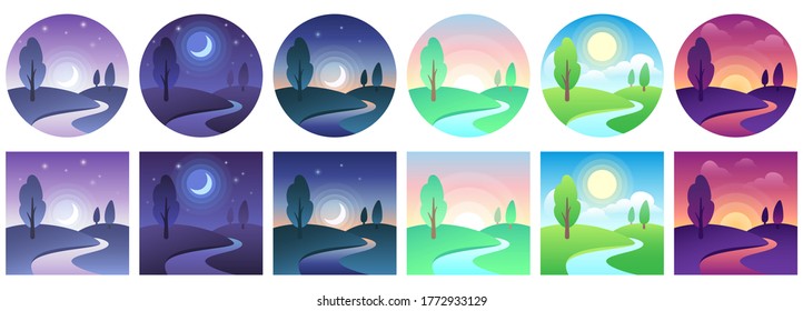 Landscape time icons  Sky   field daytime circle   square icon  set  Landscape night   day  moon   sun  time day morning different illustration