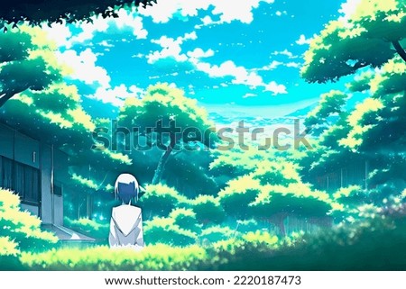 landscape with tree and sky anime boy and tree digital art ,type painting ,3d illustration , high definition , wallpaper