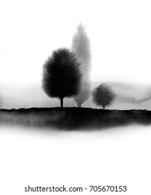 Landscape with trees in fog hand drawn with ink in asian style. Misty meadow. Traditional oriental ink painting sumi-e, u-sin, go-hua