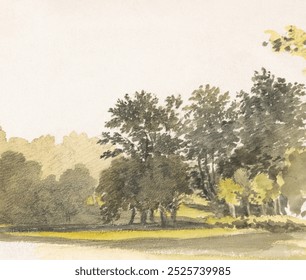 Landscape with Trees watercolor vintage nature illustration by Robert Hills. Vintage watercolor landscape art drawing illustration, nature painting. Vintage painting of nature landscape illustration.