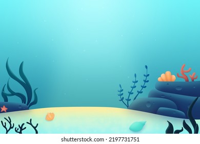 Landscape Underwater Ocean Floor With Algae. Digital Illustration.