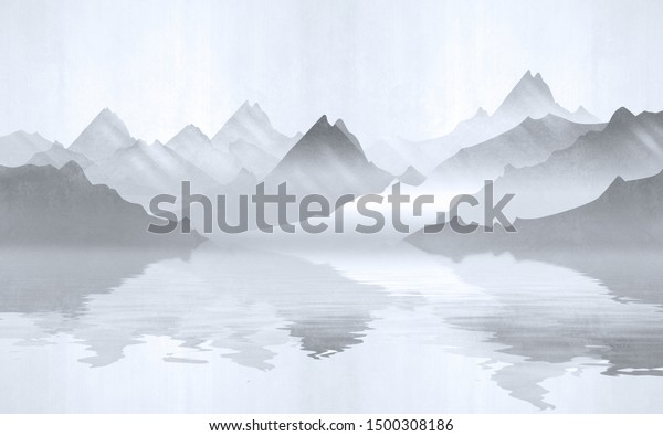 Landscape view of the silhouettes of the mountains near the lake. Texture of plaster in monochrome blue tones.