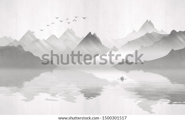 Landscape View Silhouettes Mountains Next Lake Stock Illustration ...