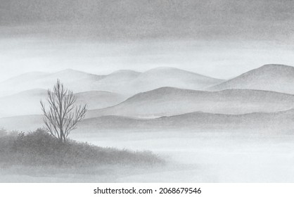 Landscape view of the silhouettes of the mountains and tree in the fog near the lake. Watercolor illustration. Interior Wallpaper. Mural for the walls, fresco for the room, interior grunge style