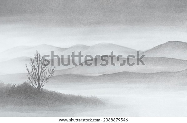 Landscape view of the silhouettes of the mountains and tree in the fog near the lake. Watercolor illustration. Interior Wallpaper. Mural for the walls, fresco for the room, interior grunge style.
