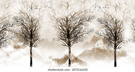 landscape wallpaper with black forest background. trees, clouds with black birds in sunset. mural art for canvas frame on walls	
