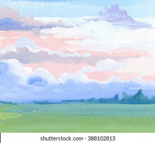 Landscape    Watercolor  gouache  Drawing by hand  Russian village  Early morning  Sky clouds  Dawn  Delicate background for invitation cards 