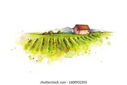 
Landscape. Watercolor Illustration. Rural Farm - Houses And Field