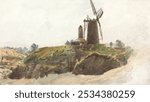 Landscape with Windmill (1811-1869), vintage illustration by Thomas Creswick. Windmill landscape. Vintage landscape scenery art drawing illustration, old nature windmill nature painting art print.