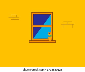 landscape window with a pot on a background of a yellow wall