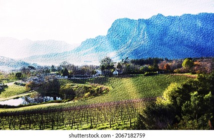 Landscape with wine farms and the Hottentots-Holland Mountain Catchment Area