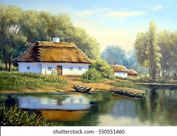 Landscape,oil painting on canvas - Ukraine house in the forest, boat and river