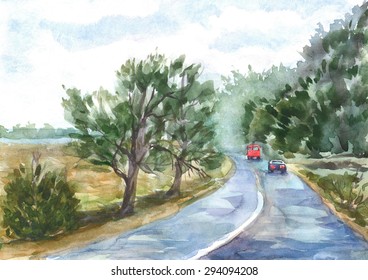 Landscape.Rural Highway. Road. Watercolor Hand Painted Illustration.