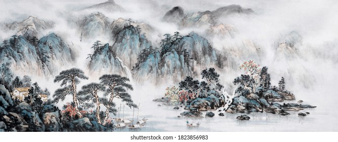 Landscapes Ink And Wash Painting.Japanese Traditional Culture.