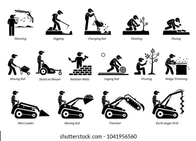 Landscaping And Horticulture. Icons Depict Landscaper And Gardener Working Activities In The Garden Lawn.