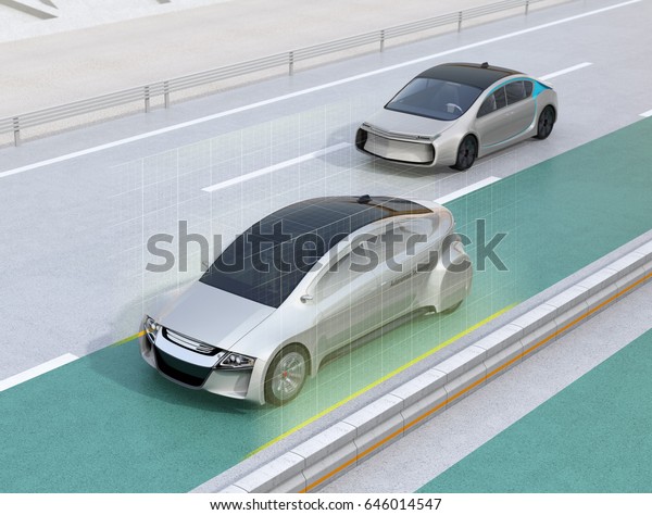 Lane keeping assist function concept for\
autonomous vehicle. 3D rendering\
image.