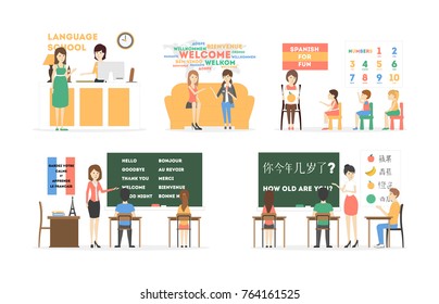 Language course set of illustrations on white background. Rooms with teachers and students.