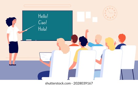 Language lesson. Students at school, classroom and teacher at chalkboard. Adults learn foreign languages in group illustration