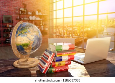 Sprachen lernen und übersetzen, Kommunikations- und Reisekonzept, Bücher mit Titelbildern in den Farben der europäischen Länder, Laptop und Globus auf einem Tisch in einem modernen Interieur, 3D-Illustration
