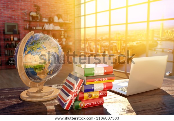 Languages learning and translate,\
communication and travel concept, books with covers in colors of\
flags of Europe countries, laptop and globe on a table in a modern\
interior, 3d\
illustration