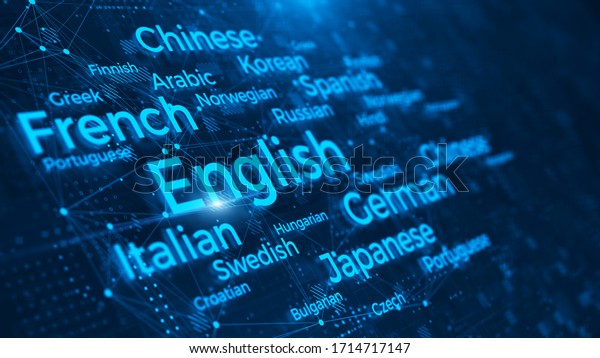 Languages of\
the world word cloud on blue background - languages learn and\
translate education concept - 3d\
rendering