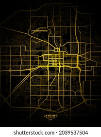Lansing, Michigan, United States City Map - Lansing City Gold Map Poster Wall Art - Lansing City in United States Art Print
