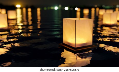 A Lantern Floating On The Lake At Night. Loy Krathong Festival, Chinese Paper Floating Lanterns, Memorial Day Lantern Festival. Close-up Image. 3d Rendering, 3d Illustration