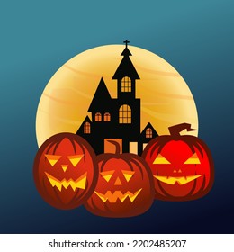 Lantern Halloween Pumpkin Glowing Heads With Full Moon Light Effect And Sillhouette Huanted House Background. Haunting Halloween Concept