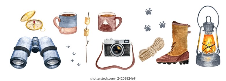 Lantern, mugs boots binoculars, camera, outdoor elements. Watercolor hand painted camping theme border isolated on white. High quality art for cards banners, guides, tape, stickers design, adventure. - Powered by Shutterstock