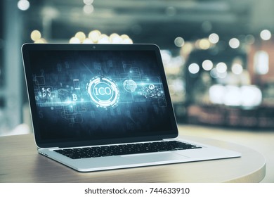 Laptop With Abstract ICO Interface On Screen. Currency Exchnage Concept. 3D Rendering 