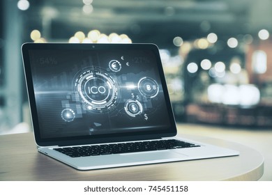 Laptop With Abstract ICO Interface On Screen. Digital Money Concept. 3D Rendering 