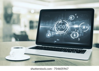 Laptop With Abstract ICO Interface On Screen. Initial Coin Offering Concept. 3D Rendering