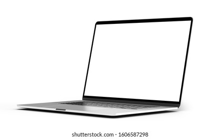 Laptop in angled position with blank screen isolated on white background - mockup template - 3d rendering