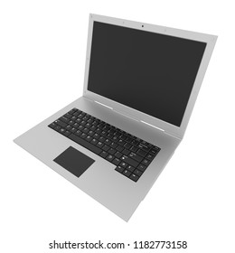 Laptop with black screen isolated on white background, silver aluminium body.  3D rendering.