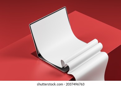 Laptop With Blank Long Scrolling Screen On A Red Background. Mock Up. 3d Rendering