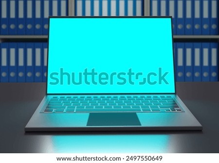 Laptop with blank screen. Computer on archive table. Archive digitalization concept. Laptop mockup. Computer with blank screen. Open laptop in archive. Computer for digitalization of papers. 3d image