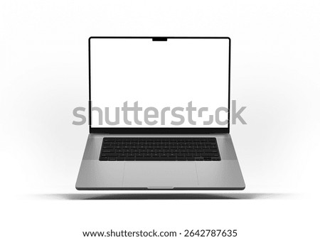 A laptop with a blank screen floating on a white background, showcasing minimalist design and advanced technology. 3d render