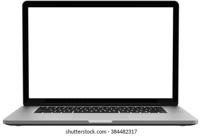 Laptop with blank screen isolated on white background, white aluminium body.Whole  in focus. High detailed.