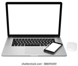Laptop with blank screen isolated on white background, light aluminium body.Whole  in focus. High detailed.