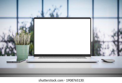 Laptop with blank screen mockup template on table in industrial old factory loft interior - front view - 3d rendering