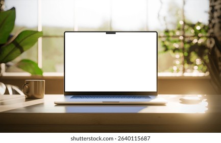 Laptop with blank screen on a bright desk, surrounded by sunlight and greenery, suggesting productivity and peace. CGI render