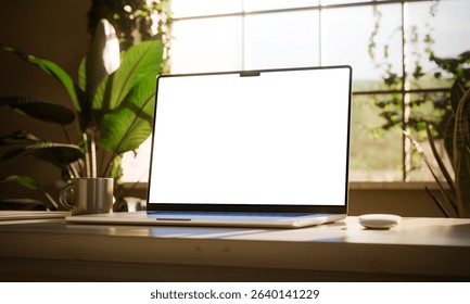 Laptop with blank screen on a bright desk, surrounded by sunlight and greenery, suggesting productivity and peace. CGI render