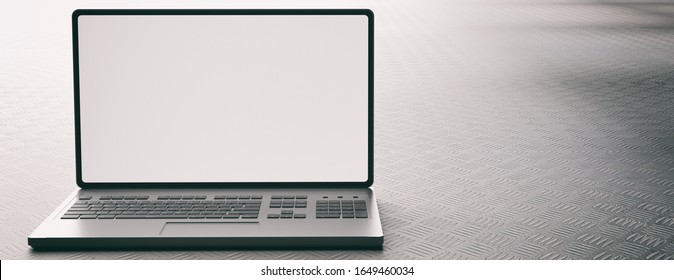 Laptop blank screen template. Computer open front view, empty white screen on metal checkerplate industrial background, banner, copy space. 3d illustration.