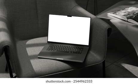 Laptop blank white screen. Aesthetic work space. black and white color. Website, blog, social media.