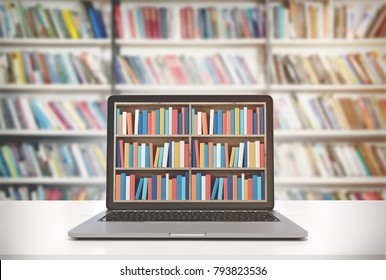 Laptop With Bookshelves On Its Screen Is Standing On A White Desk. A Library Background. 3d Rendering Mock Up Toned Image