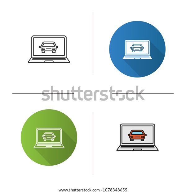 Laptop with car icon. Flat\
design, linear and color styles. Taxi website. Isolated raster\
illustrations